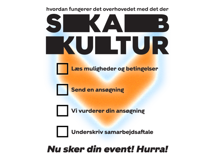 Hvordan fungerer det overhovedet med det der 'Skab Kultur'? Læs muligheder og betingelser. Send en ansøgning. Vi vurderer din ansøgning. Underskriv samarbejdsaftale. Nu sker din event! Hurra!